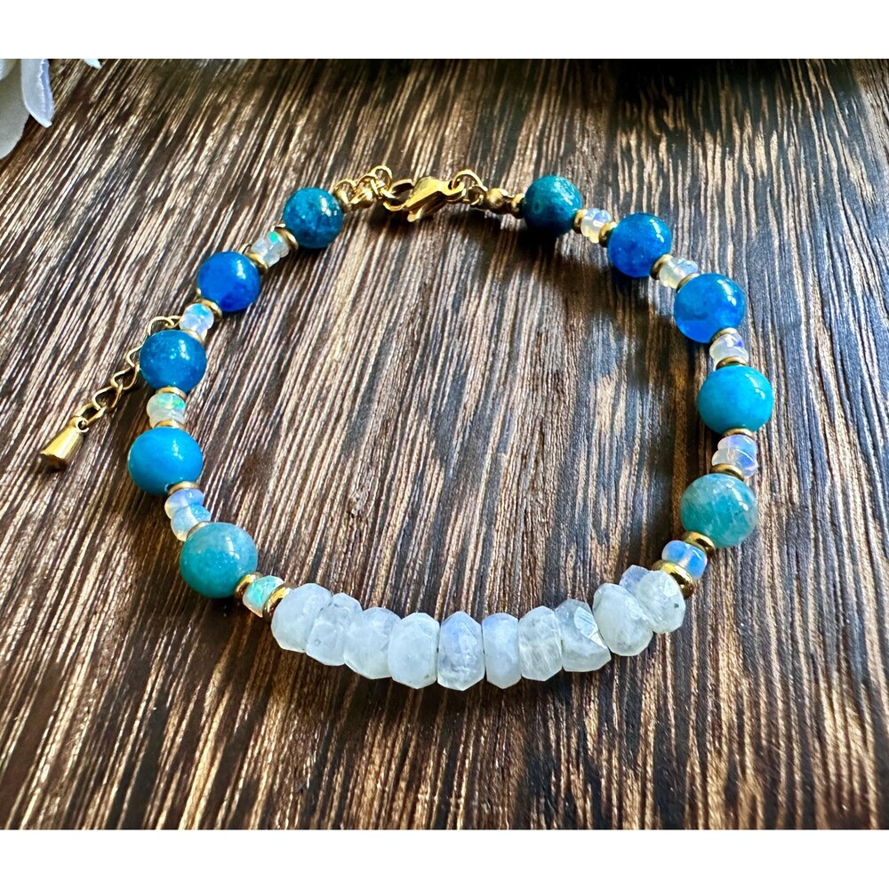 Adjustable Crystal Bracelet Fire Opal Moonstone Amazonite Beads Minimal